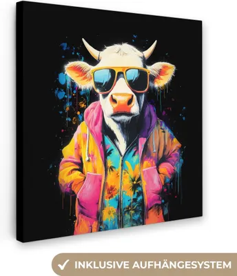 Produktbild von MuchoWow® - Leinwandbilder - Graffiti - Sommer - Schottischer Hochländer - Tier, Wandbild, Wanddeko Bilder Wohnzimmer, 50x50 cm
