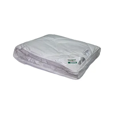 A folded white duvet or comforter is shown in its clear plastic packaging.