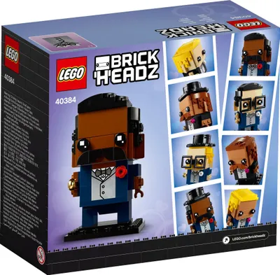 The image shows the packaging of a LEGO BrickHeadz set, featuring a groom figure. The box displays the LEGO logo, BrickHeadz branding, and product number. Several smaller images of different BrickHeadz figures are arranged on the right side of the box.