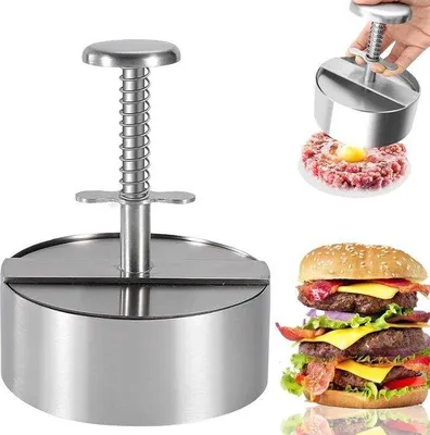 Produktbild von Famanu Burgerpresse aus 304 Edelstahl - einstellbare Hamburgerpresse mit 100 Silikonpapierblättern
