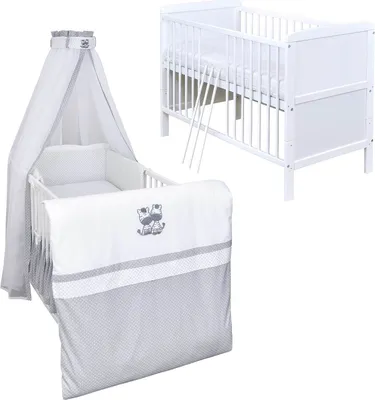 Produktbild von Baby-Delux Babybett Kinderbett Umbaubar 140x70 Weiß Bettset Komplett mit Motiv Zebra