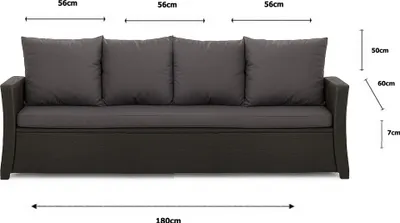 A studio shot of a dark gray sofa with dark gray cushions, with dimensions indicated by lines and text.