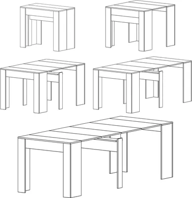 Line drawings of an extendable table in various configurations.