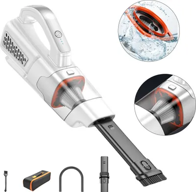 A collage of images showing a white cordless handheld vacuum cleaner and its accessories, with inset images demonstrating its use and features.