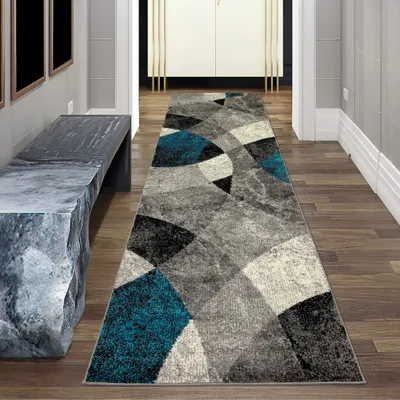 Produktbild von Moderner Wohnzimmer Teppich abstraktes Wellen Rauten Design marmoriert in blau grau - pflegeleicht Größe - 80 x 300 cm