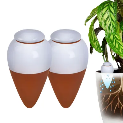 Immagine prodotto di Relaxdays, set di 2 coni per irrigazione, capacità 350 ml, aiutanti per l'irrigazione con coperchio, ideali per piante da interno e vasi da balcone, terracotta/bianco