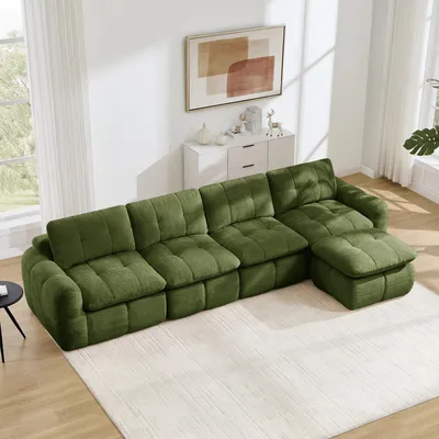 Productafbeelding van Modulaire hoekbank voor 4 personen, bekleed met karosstapeert en chenille, met een brede zitvlak, inclusief ottoman, en zonder montage nodig (groen)