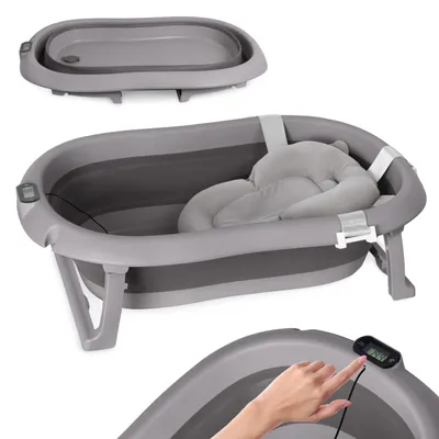 Produktbild von moovkee Babybadewanne Faltbar 80 cm Dunkel Grau mit Thermometer und Badekissen – Babywanne für Neugeborene sicher