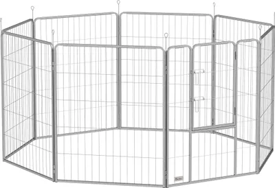 Produktbild von Fortuna Lai Welpenauslauf 100 cm Hoch, 8-TLG Hundelaufstall Welpenlaufstall mit Gurt und Tür, Freilaufgehege für kleine bis mittelgroße Hunde, Meerschweinchen, Kaninchen, Stahl, Silber
