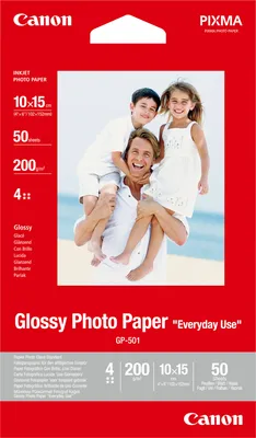 A product package for Canon photo paper, featuring a family photo.