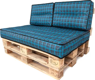 Produktbild von PillowPrim Palettenkissen Set abnehmbar Bezug wasserdicht Palettenauflagen Gartenkissen Set (Sitzkissen 120x80 Rückenlehne 2x60x40) Blau Kariert