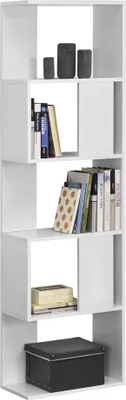 A white bookshelf with several shelves, displaying books and decorative items.