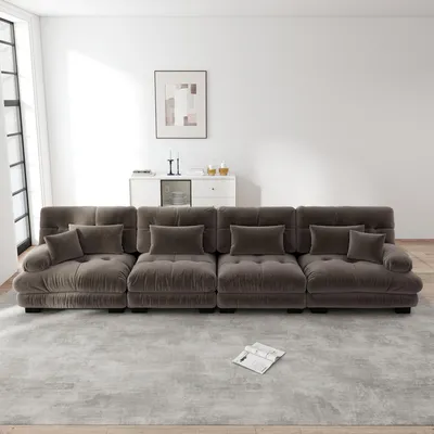 Produktbild von MODFU 4-Sitzer Polstersofa mit mit 2 Lendenkissen und 2 Dekokissen,Loungesofa Chenille,ohne Ottoman,Modulares Sofa,Braun