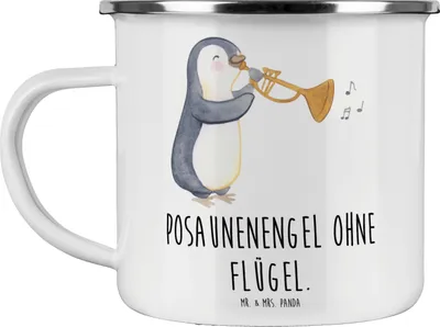 Produktbild von Mr. & Mrs. Panda Teetasse Engel Posaune - Weiß - Geschenk, Orchester, Musiker, Emaille Becher, Instrument, Teebecher, Tasse, Musikerspruch, Musikinstrument, Musikerwitz
