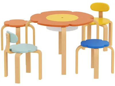 Image de Table de jeu avec 4 chaises et espace de rangement, ensemble de sièges pour enfants composé de 5 pièces, forme florale, en bois de peuplier, multicolore | Pour les enfants de 3 à 8 ans | 80 kg par siège | 69x69x45 cm