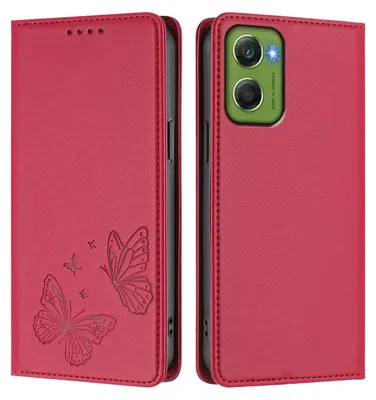 Produktbild von Lederhülle für Motorola Moto G06, Schmetterling Prägung Leder Brieftasche Schutzhülle mit Ständer Rot