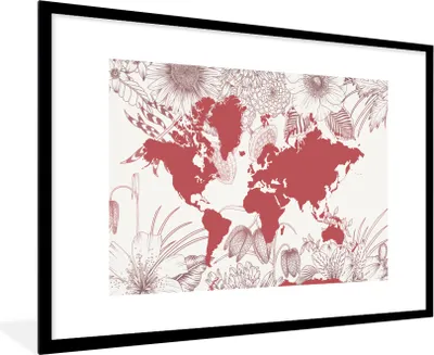 Produktbild von MuchoWow® MuchoWow® Gerahmtes Poster Weltkarte - Rosa - Weiß 90x60 cm - Poster mit zchwarzem Bilderrahmen - Wanddekoration - Fotos