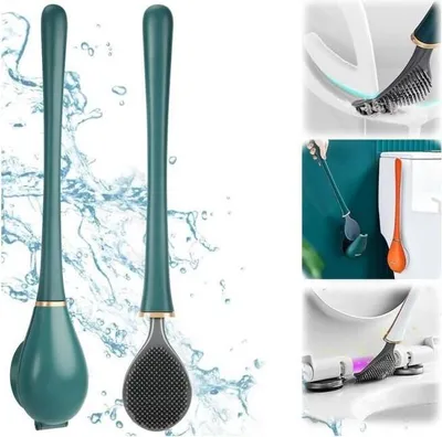 Produktbild von Flache Silikon-Toilettenbürste, Wand-Toilettenbürste, flexible Silikon-Toilettenbürste, Badezimmer-Toilettenbürste mit schnelltrocknender Halterung zur bohrfreien Wandmontage