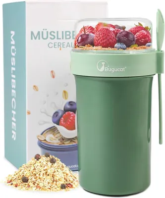 Produktbild von Bugucat Müslibecher to Go 760ml Joghurtbecher Löffel auslaufsicher Müsli Becher Cup Kinder Grün