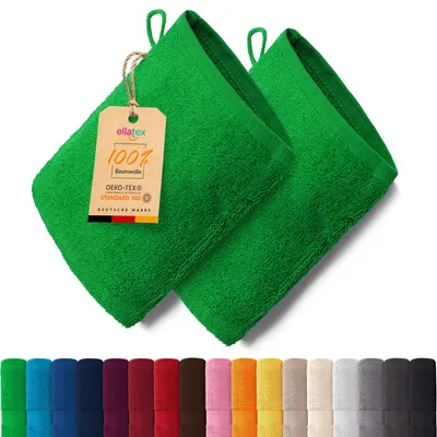 Produktbild von EllaTex PARIS 2er Set Waschhandschuhe 15x21 cm – 100% Baumwolle, 500 g/m² Frottier, in Farbe: Grün
