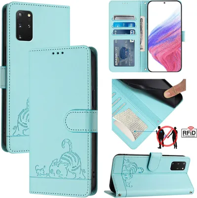 Produktbild von Leder Hülle für Samsung Galaxy S20 Plus Süße Katze Flip Case Brieftasche Schutzhülle mit Standfunktion hellgrün