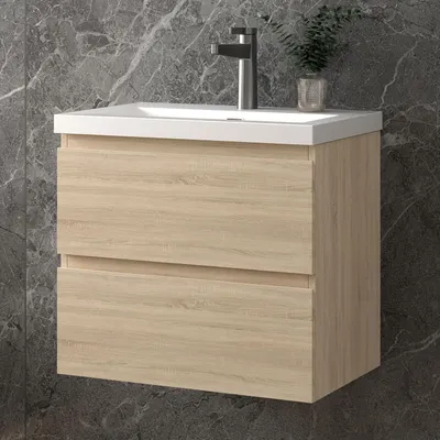 Produktbild von 60 cm Badmöbel-Set Unterschrank mit Rechteckiges Waschbecken 2 Schubladen soft-close Eiche Matt Selbstmontierter