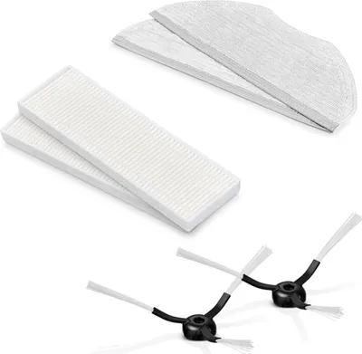 A set of cleaning accessories for a robot vacuum cleaner, including filters and side brushes.