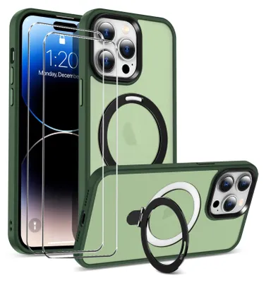 Zdjęcie produktu dla zestaw ochronny 2 w 1 dla Apple iPhone 15 Pro składa się z 2x szklanej osłony ekranu 9H i 1x silikonowego etui - osłona w kolorze zielonym