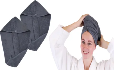 Produktbild von Betz 2 Stück Frottee Haarturban BERLIN Turban mit Knopf 100% Baumwolle – Farbe: dunkelgrau