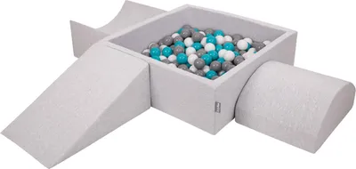 Produktbild von KiddyMoon spielplatz aus schaumstoff mit quadrat bällebad (300 bälle) ballgruben für babys spielbad hindernisläufen, hergestellt in der eu, hellgrau:grau/weiß/türkis