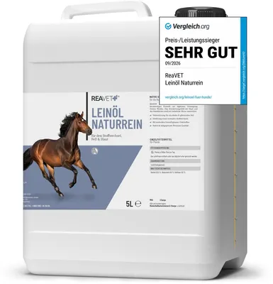Produktbild von REAVET Leinöl für Pferde, 5-Liter-Kanister I Kaltgepresst, 100% aus Reiner Leinsaat I Reich an Omega 3 & 6 I Barf-Zusatz, Barf Öl für Hund und Pferd