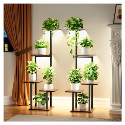 Produktbild von Pflanzenregal mit Wachstumslicht - 5 Ebenen Blumenregal aus Metall und Holz - Innen- und Außenbereich - Dekoratives schwarzes Blumenregal für Garten und Balkon, 2 Stück