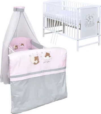 Produktbild von Baby-Delux Babybett Gitterbett Mia weiß 120×60 inkl. Matratze Bettwäsche Set 10tlg Traumland Rosa Grau