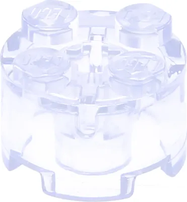 A single, transparent LEGO brick with four studs on top and a hollow base, isolated on a white background.