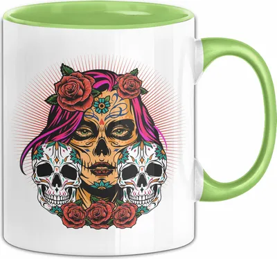 Produktbild von Totenkopf Tasse Geschenk Frau Skull Tattoo Becher (Grün)