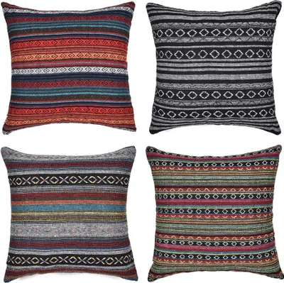 Produktbild von 4er-Set dekorative Kissenbezüge für Sofa, Couch oder Bett, Boho-Retro-Streifenmuster, Baumwoll-Leinen-Mischgewebe, 45 x 45 cm