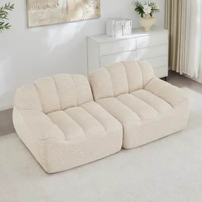 Produktbild von Muschelförmiges Zweisitzer-Modulsofa, Granulat-Fleece, Tiefensitz, kein Aufbau nötig, 210 x 104 x 79 cm, Cremeweiß
