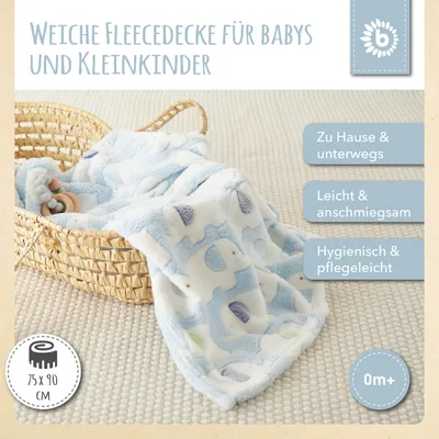 Produktbild von Bieco Babydecke Jungen Blau Elefanten | Baby Decke | Kuscheldecke Baby | Baby Blanket | Tagesdecke Kinder Jungen | Buggy Decke | Baby Kuscheldecke | Kissen | Decke Baby| Flauschige Fleecedecke