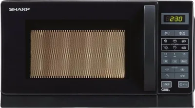 A black Sharp microwave oven is shown from the front.
