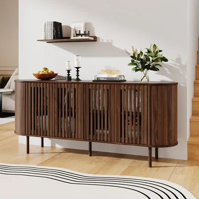 Produktbild von MODFU Sideboard mit Rattan-Optik,160 x 40 x 70 cm,Buffetschrank mit 4 Schiebetüren,Beistellschrank mit Metallbeine,Wohnzimmerschrank Walnuss,Aufbewahrungsschrank