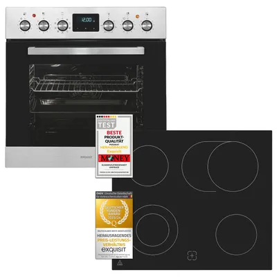 A stainless steel oven and a black ceramic hob are shown together, with two award badges.