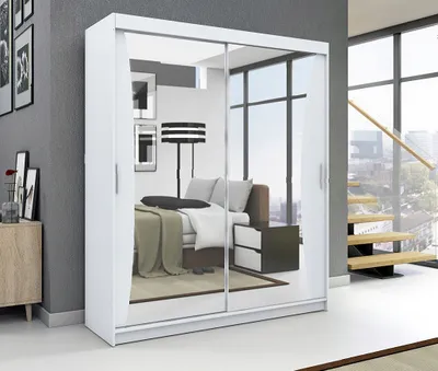 Produktbild von Schwebetürenschrank, 2-türig Schrank mit Spiegel! Moderne Garderobe für Kleidung. Verschiedene Farben (Weiß, Schwarz, Somona) Kleiderschrank NIKO 180 cm