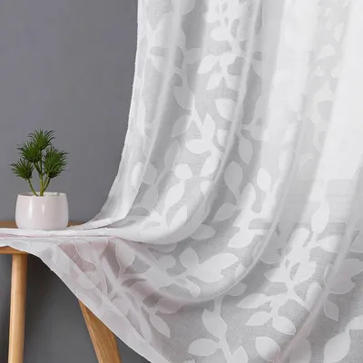 Productafbeelding van OVZME Transparante gordijnen voor de woonkamer, jacquardweefsel, bladmotief, gestructureerd