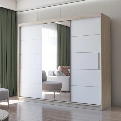 Produktbild von Schwebetürenschrank Kleiderschrank Schrank mit Spiegel 250cm Sonoma/Weiß Alba