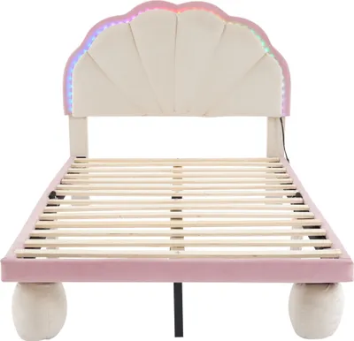 Produktbild von Flieks Polsterbett 90x200 mit Led, Kinderbett Jugendbett mit Lattenrost, Einzelbett mit Polsterfußbeinen, Klassisches Bett, Samt, Beige Rosa