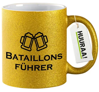 Produktbild von Huuraa Glitzertasse Bataillonsführer Schützenfest 330ml Gold Keramik Kaffeebecher Geschenkidee