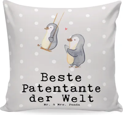 Produktbild von Mr. & Mrs. Panda Sofa Kissen Pinguin Beste Patentante der Welt - Grau Pastell - Geschenk, Deko, kuschelkissen 40x40, Familie, Bedanken, Nichte, Sofakissen, Taufe, Polster