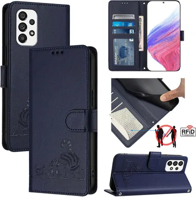 Produktbild von Leder Hülle für Samsung Galaxy A73 5G Süße Katze Flip Case Brieftasche Schutzhülle mit Standfunktion Blau