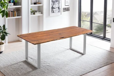 Produktbild von Refurbished Möbelretoure Esstisch Baumkante massiv 200 x 100 cm Akazie nougat U-Gestell silber LAURINA