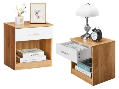 Immagine prodotto di Tavolino da notte con cassetto e ripiano aperto, dimensioni 39 x 29 x 41 cm, colore bianco e legno di quercia